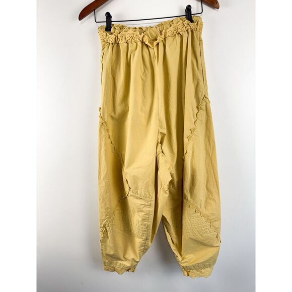 Free People Small Beach Life Mustard Yellow Pants With Eyelet Ruffle Oversized - Picture 4 of 10